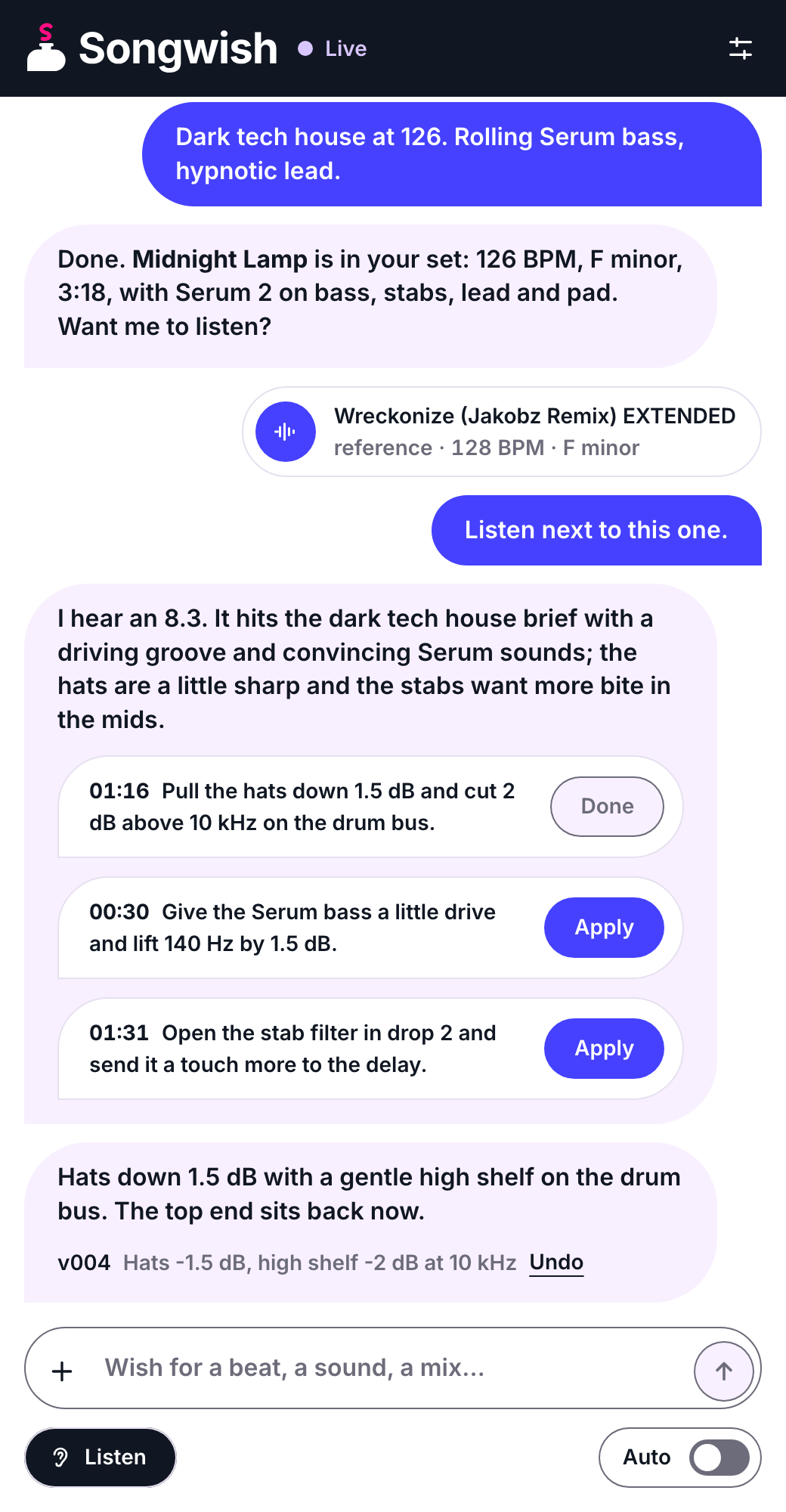 The Songwish chat: a beat request, a reference track and three ideas with timecodes.
